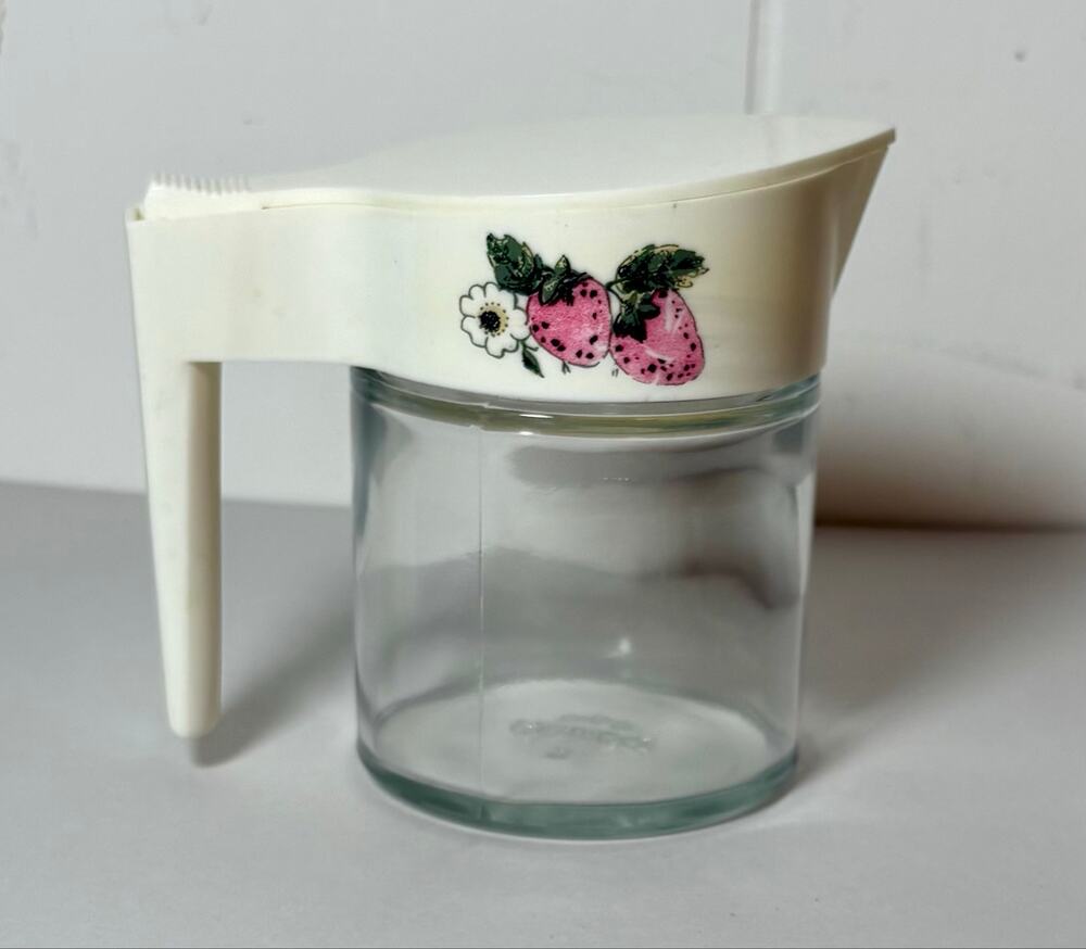 Vintage Gemco Glass Syrup Pitcher with Plastic Lid and Strawberry Design / Retro